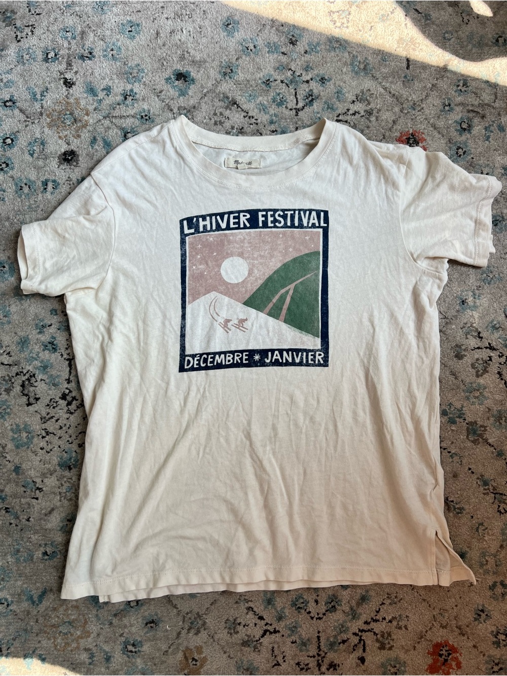 Madewell Cream Graphic L'Hiver Festival Tee with Green and Navy Print